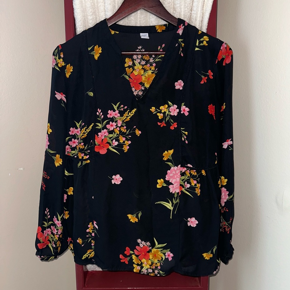 Old Navy Black Blouse with Floral Design